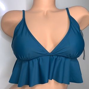NWT GINKANA Pool Blue Flounce V-Neck Swim Top